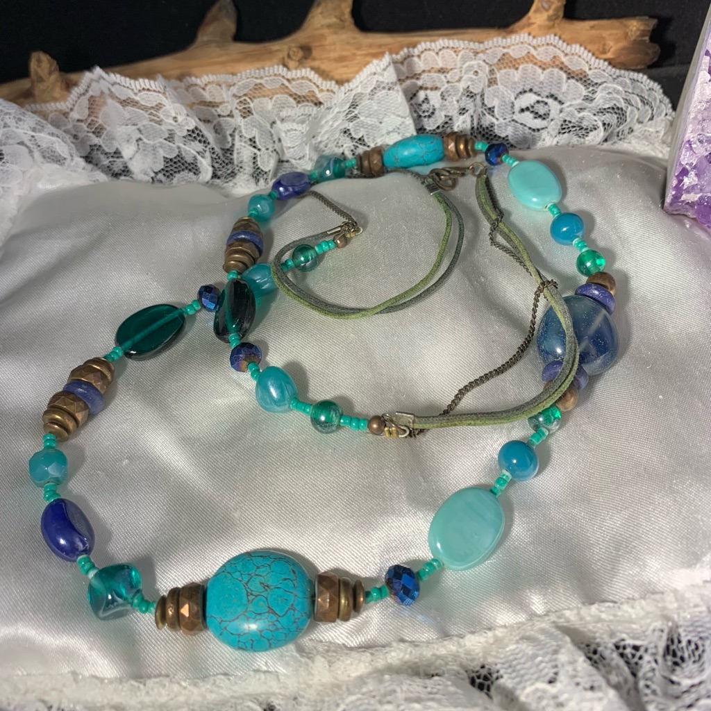Turquoise Blue Glass Copper Multi Strand Necklace
